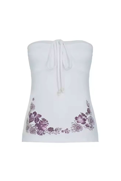 Y2K Floral Printed Tube Top with Beaded String