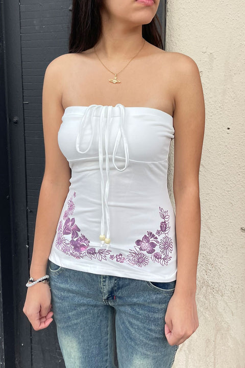 Y2K Floral Printed Tube Top with Beaded String