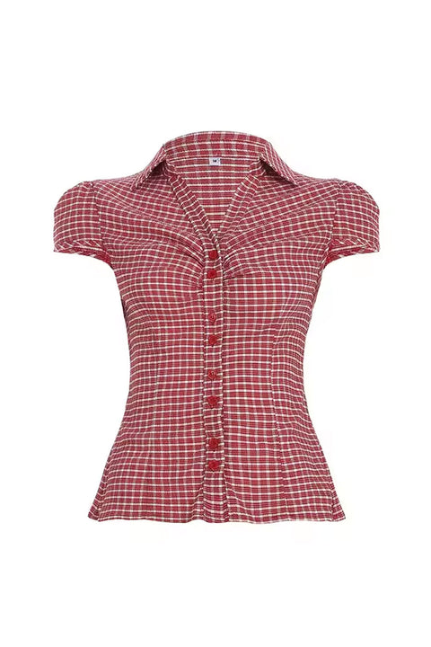 Y2K Red Gingham Checkered Puff Sleeve Fitted Shirt