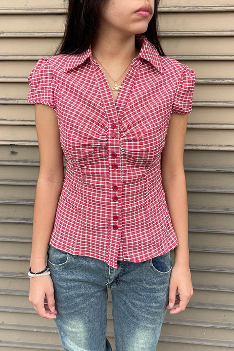 Y2K Red Gingham Checkered Puff Sleeve Fitted Shirt