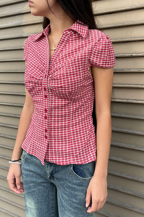 Y2K Red Gingham Checkered Puff Sleeve Fitted Shirt