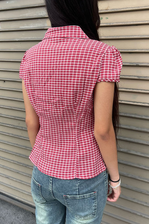 Y2K Red Gingham Checkered Puff Sleeve Fitted Shirt