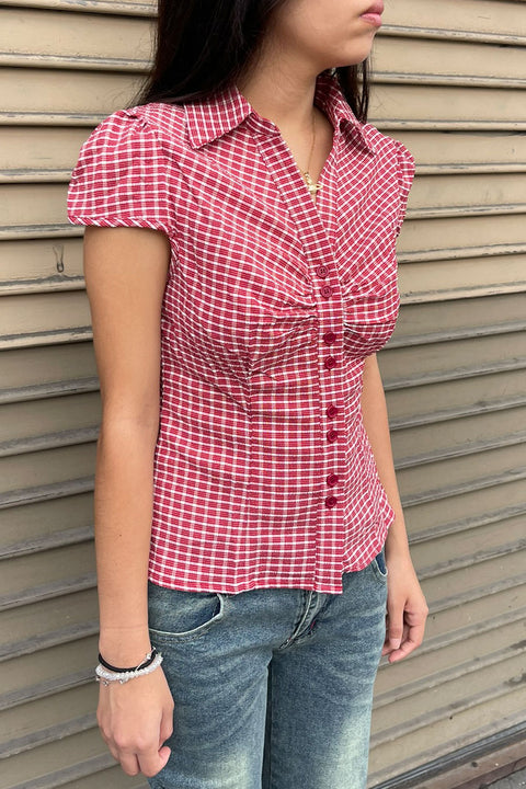 Y2K Red Gingham Checkered Puff Sleeve Fitted Shirt