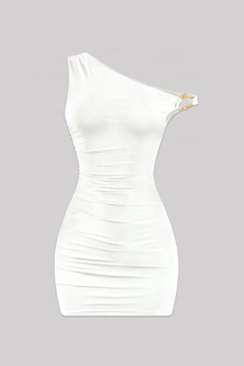 Tresser™ Metal Ring Asymmetrical Off Shoulder Ruched Mini Dress