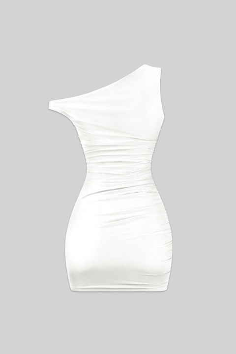 Tresser™ Metal Ring Asymmetrical Off Shoulder Ruched Mini Dress