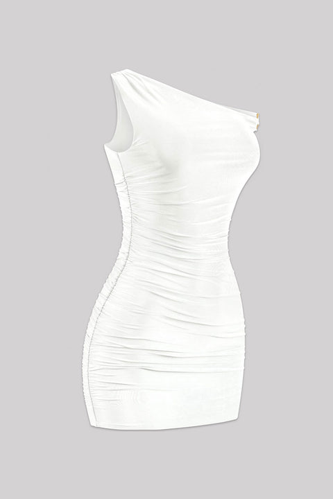 Tresser™ Metal Ring Asymmetrical Off Shoulder Ruched Mini Dress