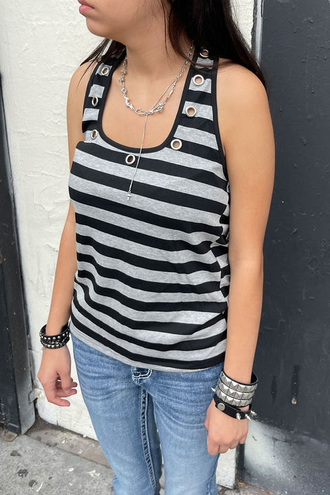 Y2K Gothic Grommet Detailed Striped Tank Top