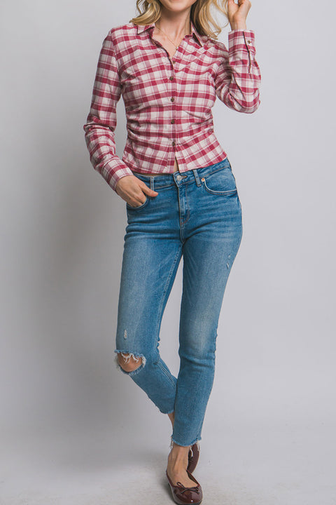 Downtown Girl Fitted Button-Up Plaid Shirt