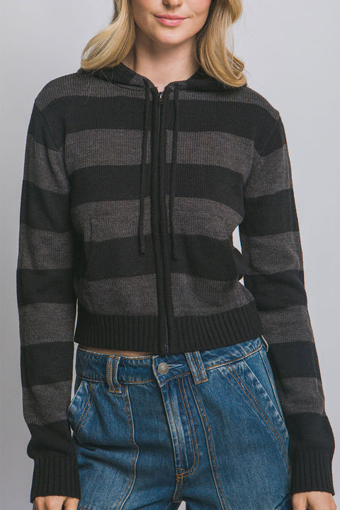 Stripe Zip-Front Hoodie Sweater Jacket