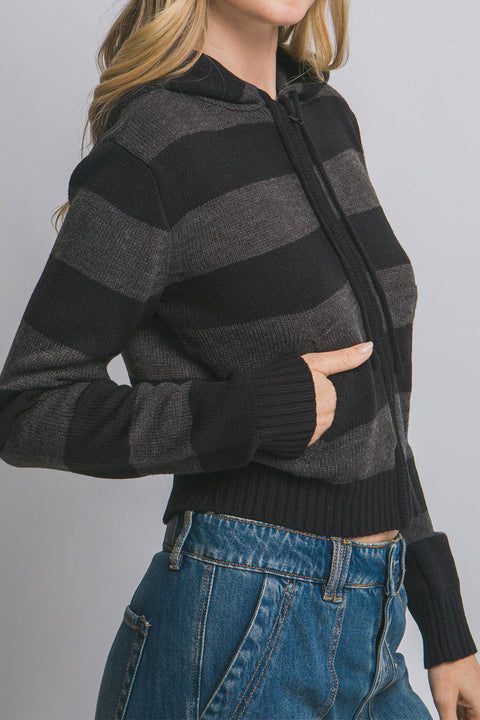 Stripe Zip-Front Hoodie Sweater Jacket