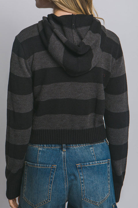Stripe Zip-Front Hoodie Sweater Jacket