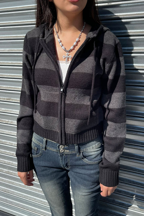 Stripe Zip-Front Hoodie Sweater Jacket