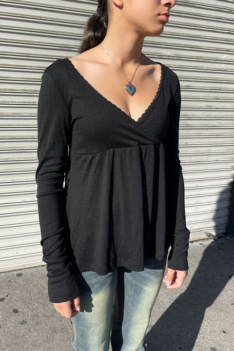 2000s Long Sleeve Surplice Baby Doll Pointelle Top