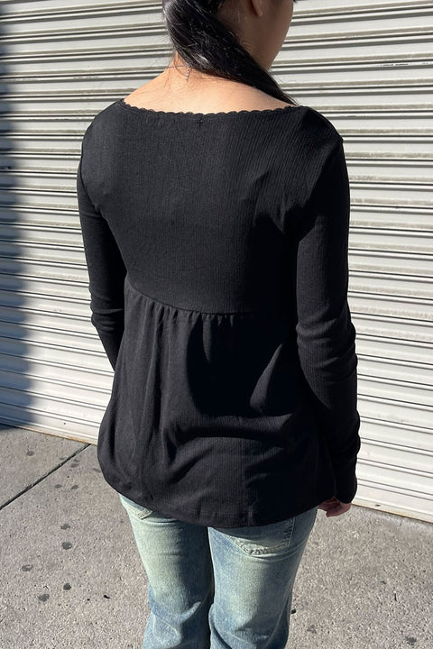 2000s Long Sleeve Surplice Baby Doll Pointelle Top