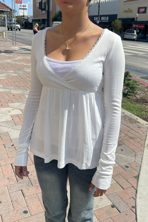 2000s Long Sleeve Surplice Baby Doll Pointelle Top