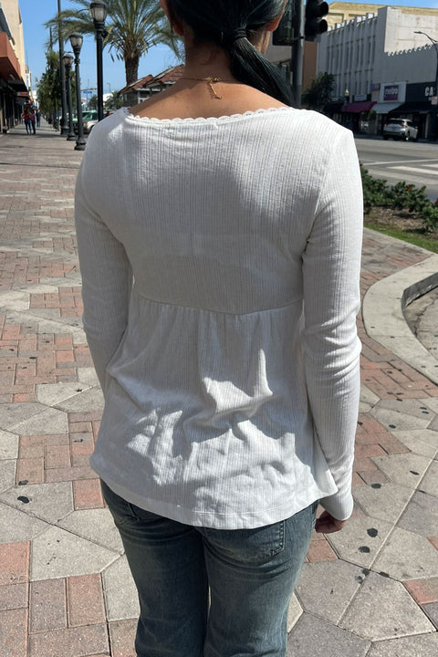 2000s Long Sleeve Surplice Baby Doll Pointelle Top
