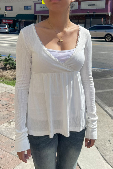 2000s Long Sleeve Surplice Baby Doll Pointelle Top