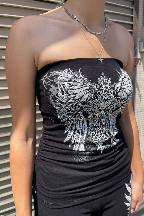 Y2K McBling Small Heart Cross & Wing Graphic RhineStone Print Side Shirred Tube Top