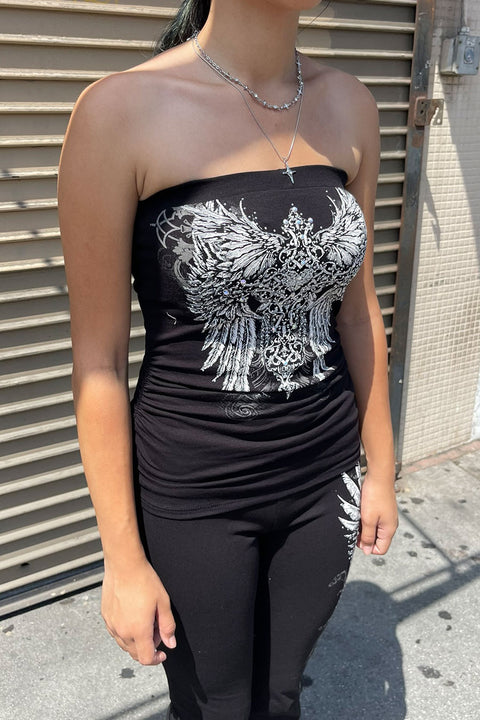 Y2K McBling Small Heart Cross & Wing Graphic RhineStone Print Side Shirred Tube Top