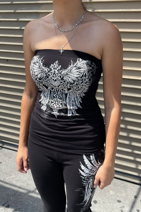 Y2K McBling Small Heart Cross & Wing Graphic RhineStone Print Side Shirred Tube Top