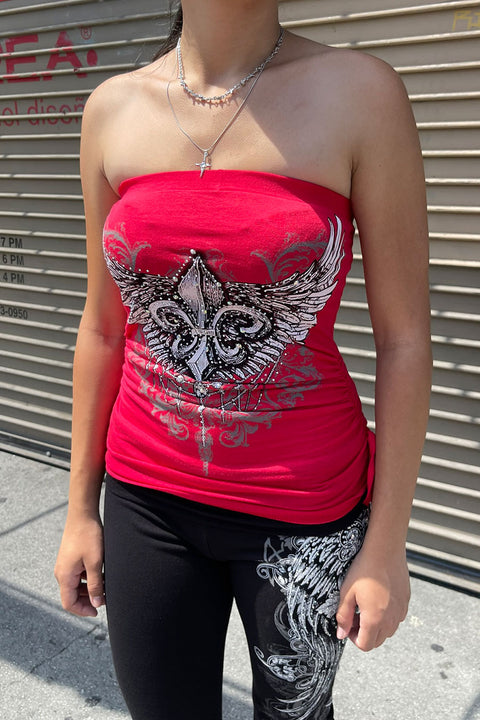 Y2K McBling Fleur De Lis Jeweled Graphic RhineStone Print Side Shirred Tube Top