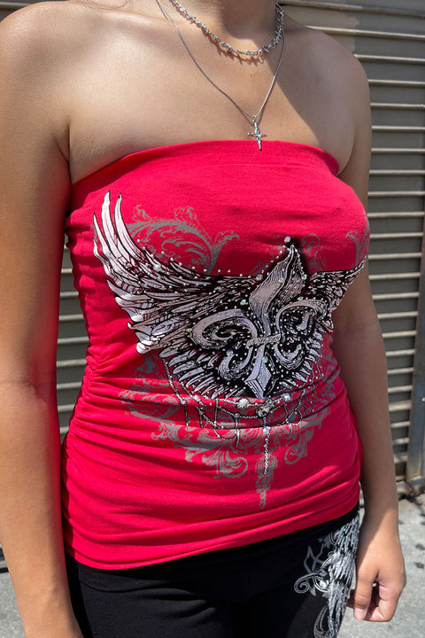 Y2K McBling Fleur De Lis Jeweled Graphic RhineStone Print Side Shirred Tube Top