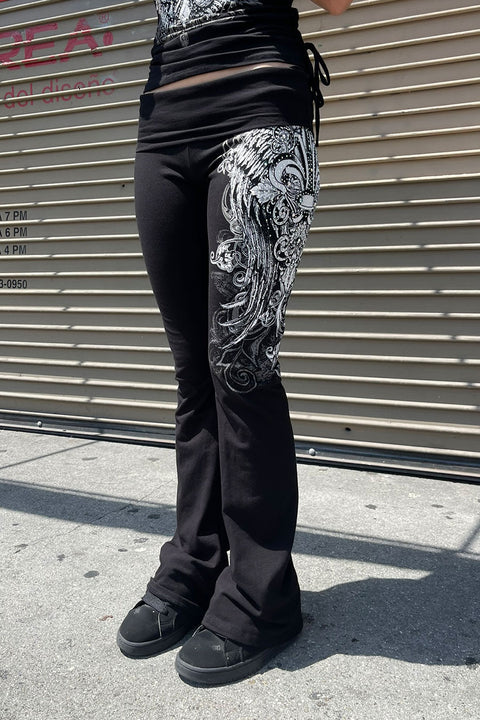 Y2K McBling Fleur De Lis Jeweled Rhinestone Print Fold-Over Flare Pants