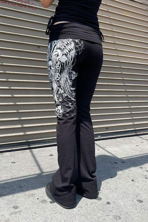 Y2K McBling Fleur De Lis Jeweled Rhinestone Print Fold-Over Flare Pants