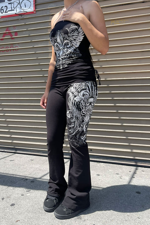 Y2K McBling Fleur De Lis Jeweled Rhinestone Print Fold-Over Flare Pants