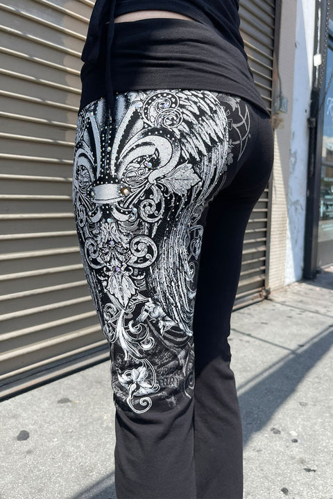 Y2K McBling Fleur De Lis Jeweled Rhinestone Print Fold-Over Flare Pants