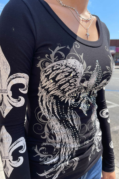Y2K McBling Fleur De Lis Graphic Rhinestone Print Side Shirred Long Sleeve T-Shirt