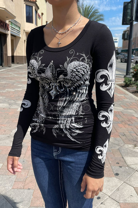 Y2K McBling Fleur De Lis Graphic Rhinestone Print Side Shirred Long Sleeve T-Shirt