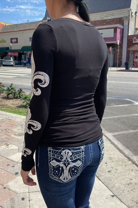 Y2K McBling Fleur De Lis Graphic Rhinestone Print Side Shirred Long Sleeve T-Shirt