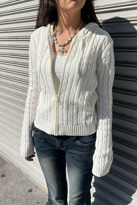 Downtown Girl Cable Knit Full Zip Cardigan Hoodie Sweater