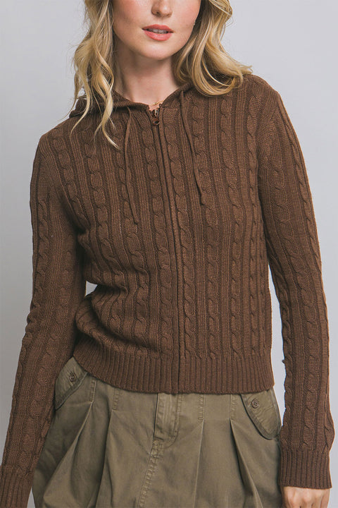 Downtown Girl Cable Knit Full Zip Cardigan Hoodie Sweater