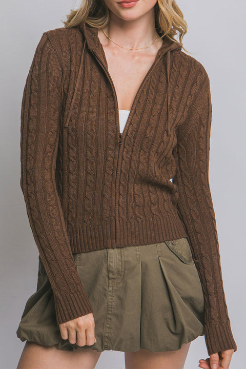 Downtown Girl Cable Knit Full Zip Cardigan Hoodie Sweater