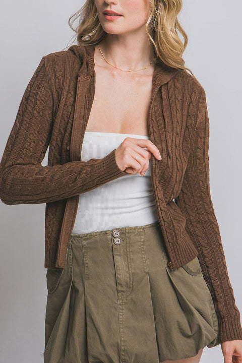 Downtown Girl Cable Knit Full Zip Cardigan Hoodie Sweater