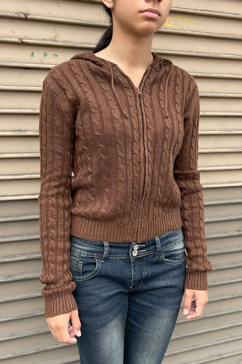 Downtown Girl Cable Knit Full Zip Cardigan Hoodie Sweater