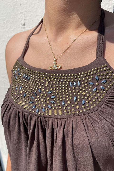 2000s Brass Studded Halter Tie Flowy Sleeveless Top