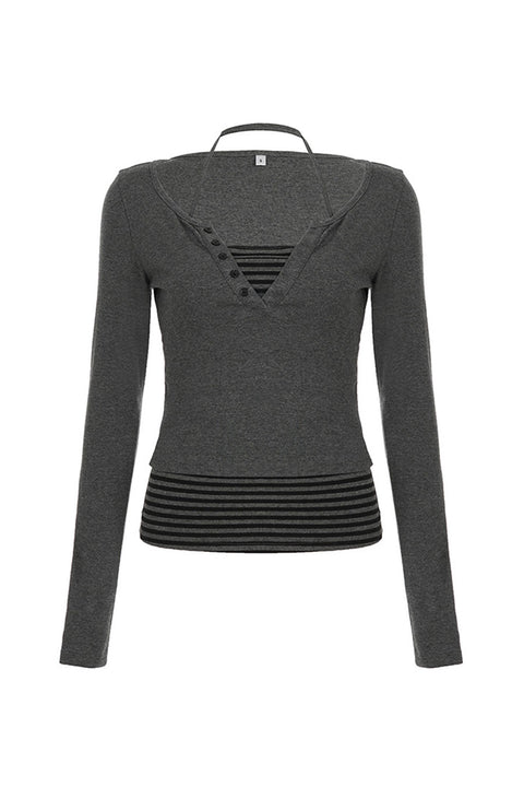 Y2K Button-Front Henley Long Sleeve Top & Stripped Halter Cami Top 2pc Set