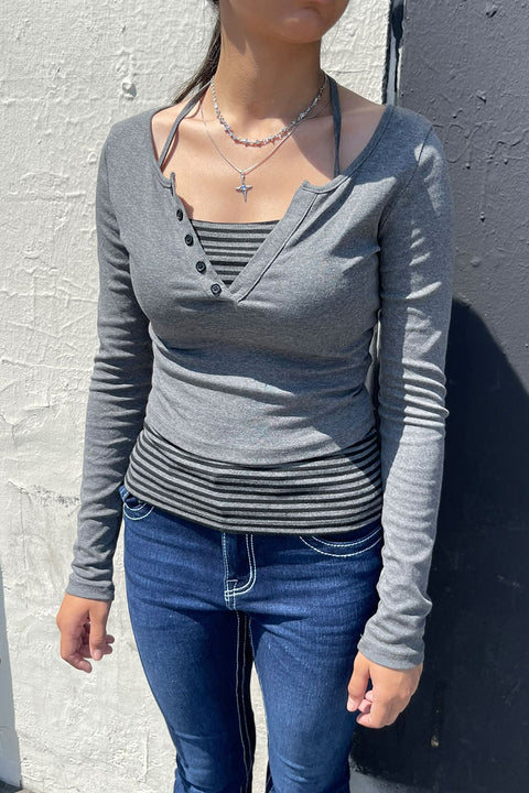 Y2K Button-Front Henley Long Sleeve Top & Stripped Halter Cami Top 2pc Set