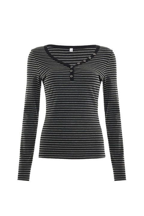 Y2K Button-Down Henley Neck Stripped Long Sleeve Rib Top
