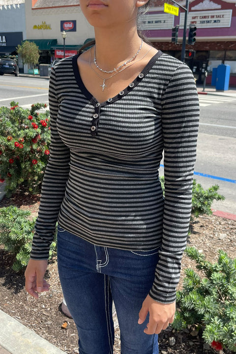 Y2K Button-Down Henley Neck Stripped Long Sleeve Rib Top