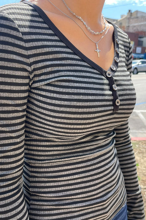 Y2K Button-Down Henley Neck Stripped Long Sleeve Rib Top