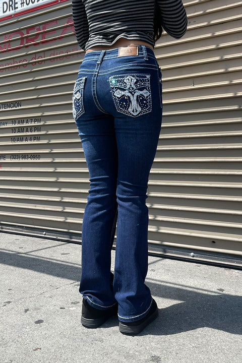 2000s Style Cross Patch Faux Pocket Rhinestone Bling Back Pocket Bootcut Jean with Good Stretch