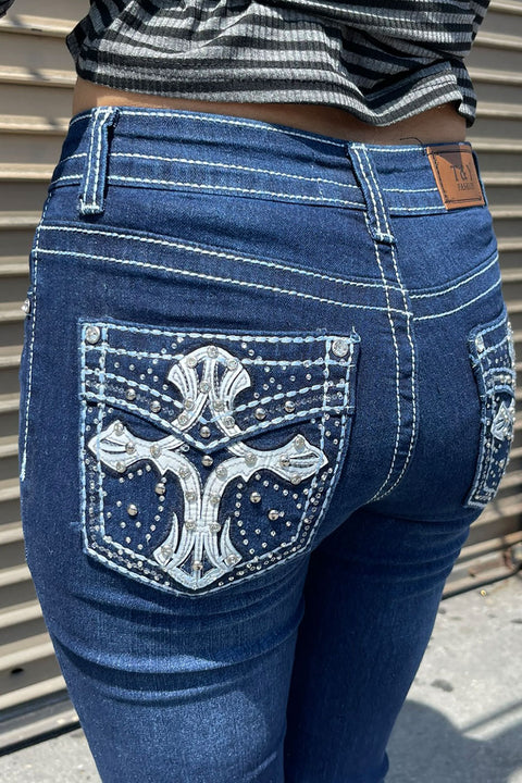 2000s Style Cross Patch Faux Pocket Rhinestone Bling Back Pocket Bootcut Jean with Good Stretch