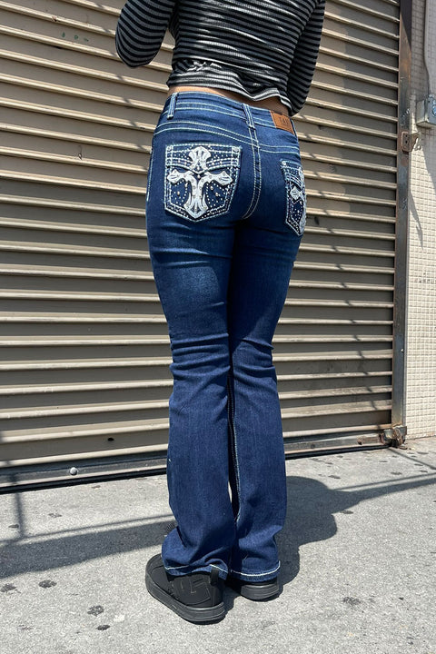 2000s Style Cross Patch Faux Pocket Rhinestone Bling Back Pocket Bootcut Jean with Good Stretch