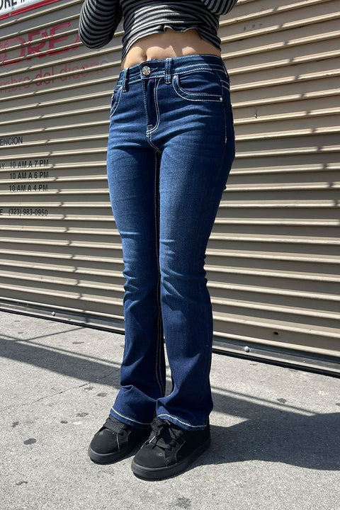 2000s Style Cross Patch Faux Pocket Rhinestone Bling Back Pocket Bootcut Jean with Good Stretch