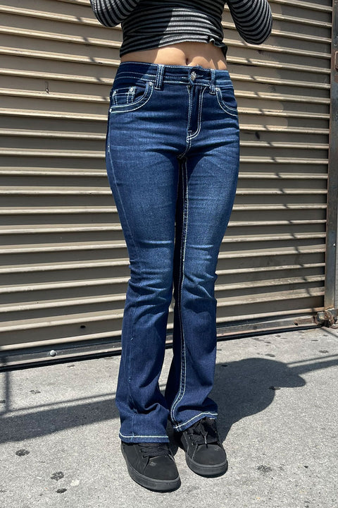 2000s Style Cross Patch Faux Pocket Rhinestone Bling Back Pocket Bootcut Jean with Good Stretch