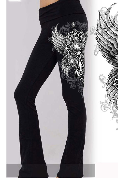 Y2K McBling Cross & Wing Graphic Rhinestone Print Fold-Over Flare Pants
